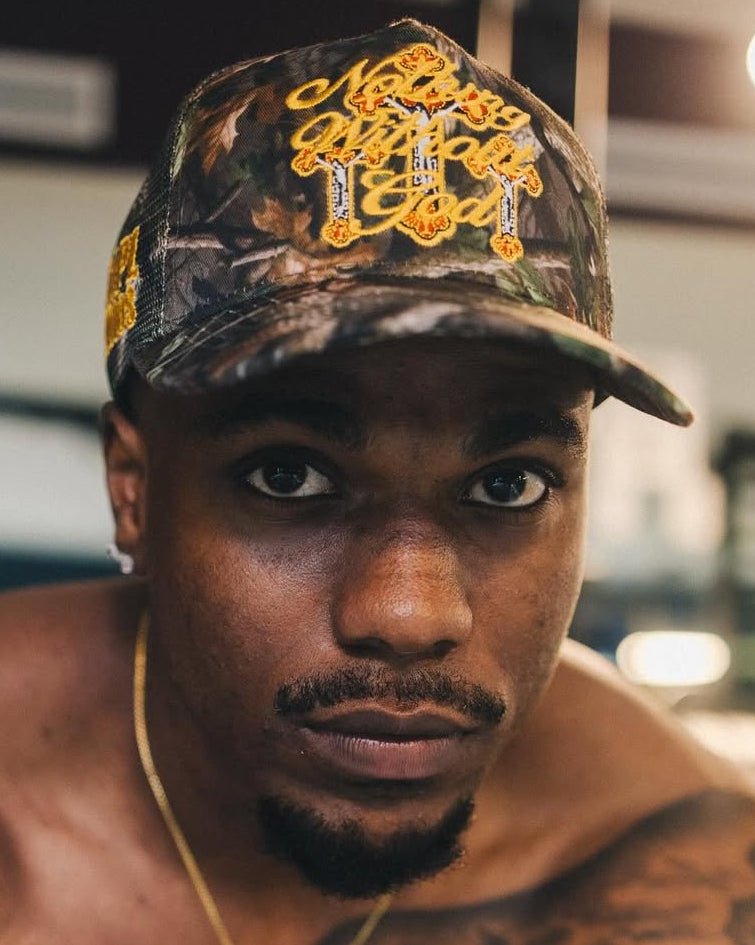 Unisex Camo Trucker Hat with Nothing Without God Design