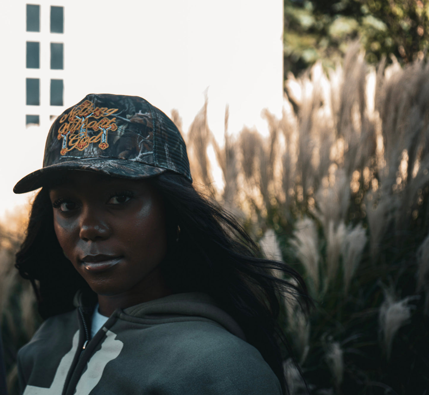 Nothing Without God Camo Trucker Hat (Unisex)