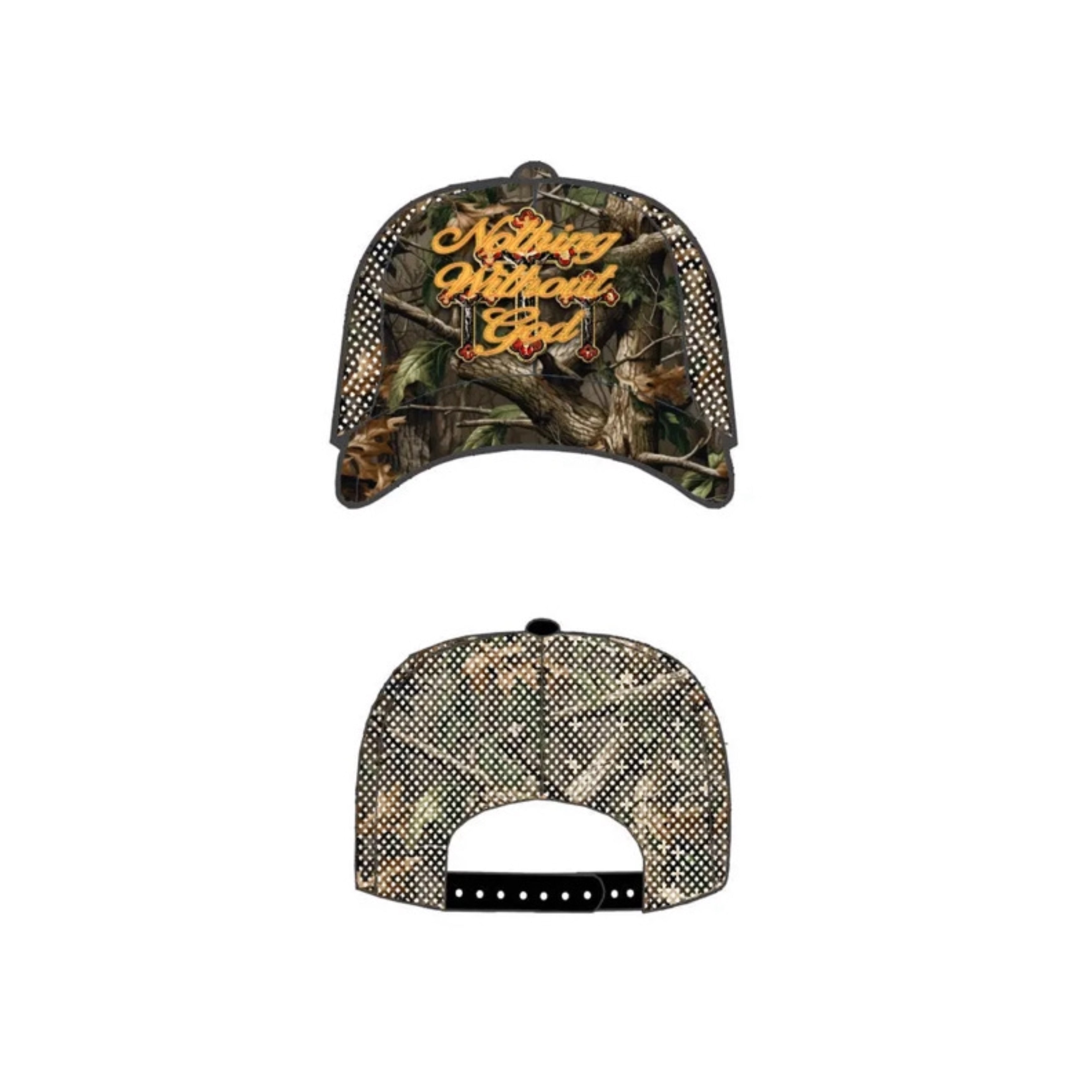 NOTHING WITHOUT GOD©️ CAMO MESH TRUCKER HATS PRE ORDER