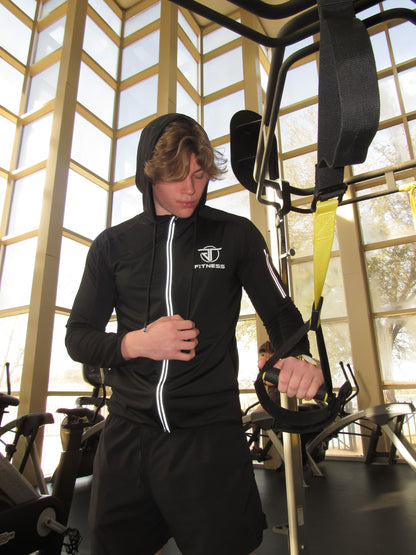 Black Fitness Zip Up Hoodie with Built-in Pocket and Shoulder Zipper