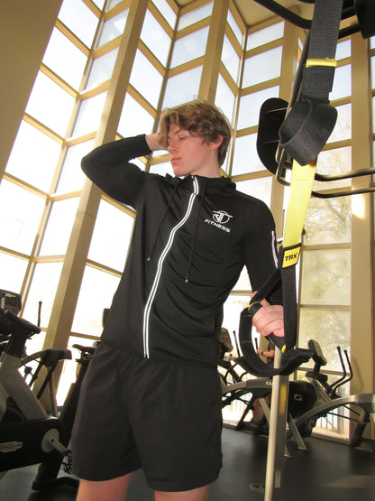 Black Fitness Zip Up Hoodie with Built-in Pocket and Shoulder Zipper